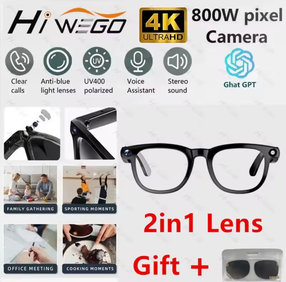 2 in1 4K Smart AI Glasses 800W pixel AI Shooting Camera HD Photo Video Voice Call Translation Waterproof Bluetooth AI Glasses